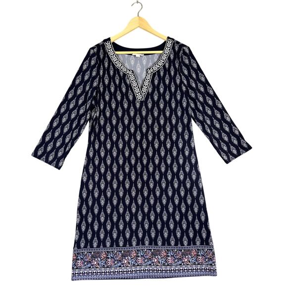 Magnolia Grace Dress Large Navy Alhambra Print Embroider Trim Jersey Knit Dress - Picture 1 of 12